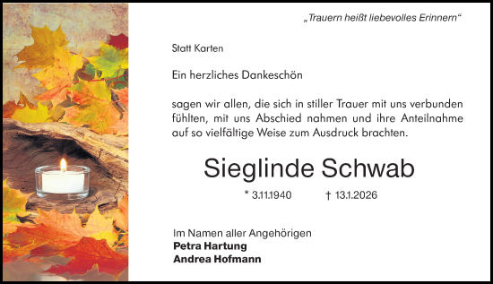 Traueranzeige von Sieglinde Schwab von Hochheimer Zeitung