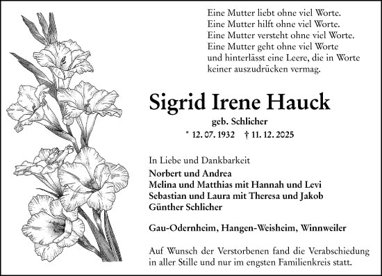 Traueranzeige von Sigrid Irene Hauck von Allgemeine Zeitung Alzey