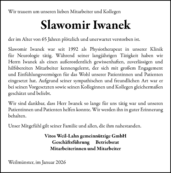 Traueranzeige von Slawomir Iwanek von Weilburger Tageblatt