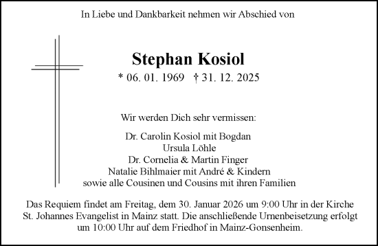 Traueranzeige von Stephan Kosiol von Allgemeine Zeitung Mainz