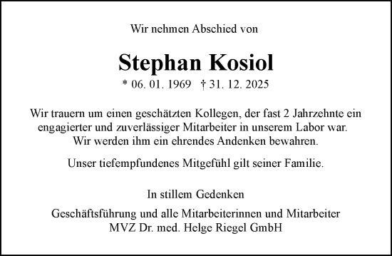 Traueranzeige von Stephan Kosiol von Allgemeine Zeitung Mainz