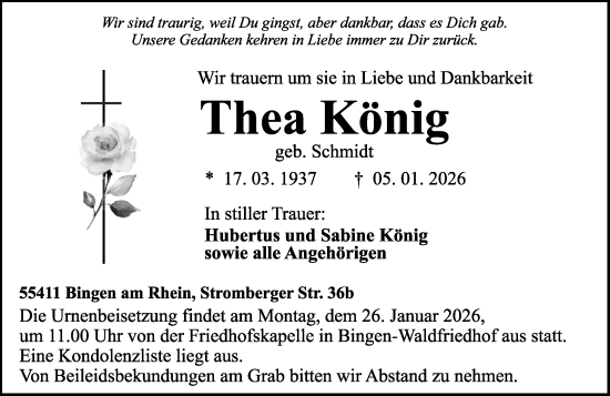 Traueranzeige von Thea König von Binger-/Ingelheimer Wochenblatt