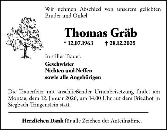 Traueranzeige von Thomas Gräb von Dill Block