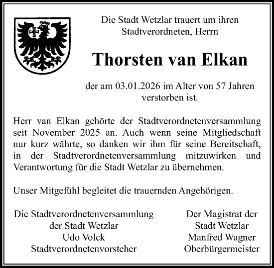 Traueranzeige von Thorsten van Elkan von Wetzlarer Neue Zeitung