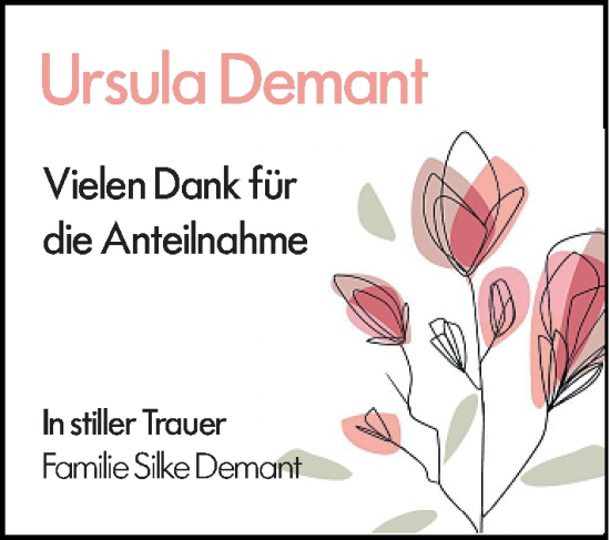 Traueranzeige von Ursula Demant von Wetzlarer Neue Zeitung