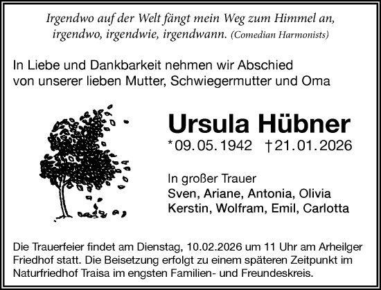 Traueranzeige von Ursula Hübner von Darmstädter Echo