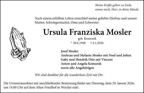Traueranzeige von Ursula Franziska Mosler von Wetzlarer Neue Zeitung