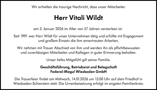 Traueranzeige von Vitali Wildt von Wiesbadener Kurier