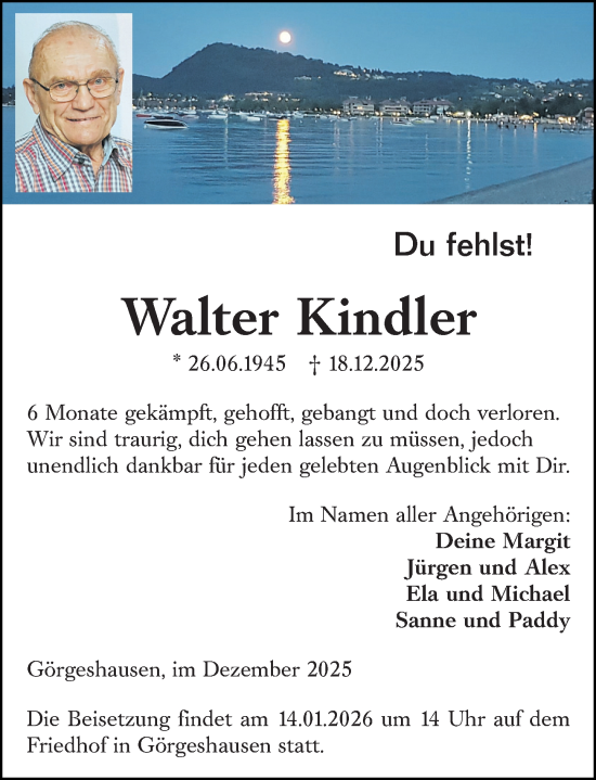 Traueranzeige von Walter Kindler von Nassauische Neue Presse