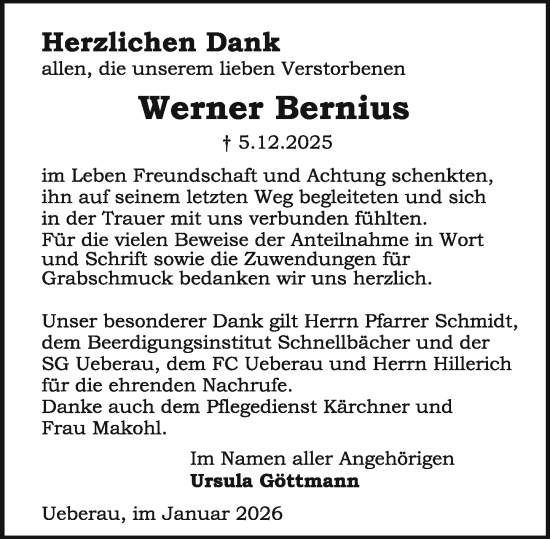 Traueranzeige von Werner Bernius von Odenwälder Echo