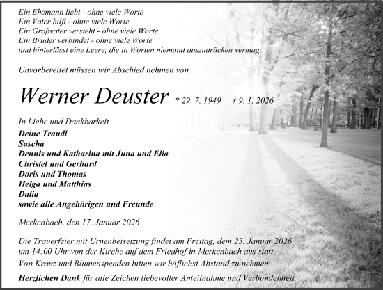 Traueranzeige von Werner Deuster von Dill Block