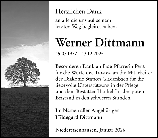 Traueranzeige von Werner Dittmann von Hinterländer Anzeiger