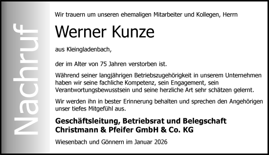 Traueranzeige von Werner Kunze von Hinterländer Anzeiger