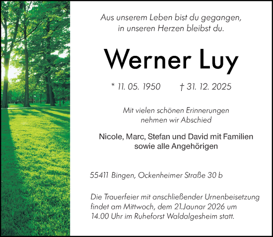 Traueranzeige von Werner Luy von Binger-/Ingelheimer Wochenblatt