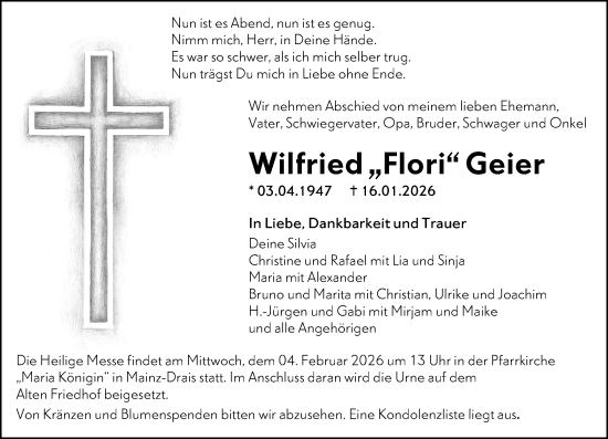 Traueranzeige von Wilfried Geier von Allgemeine Zeitung Mainz