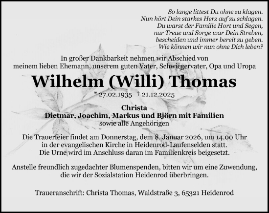 Traueranzeige von Wilhelm Thomas von Idsteiner Land/Untertaunus