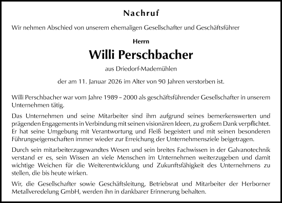 Traueranzeige von Willi Perschbacher von Wetzlarer Neue Zeitung