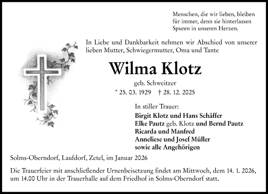 Traueranzeige von Wilma Klotz von Wetzlarer Neue Zeitung