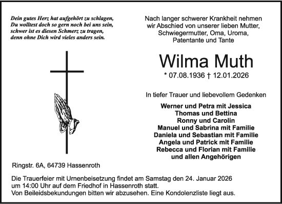 Traueranzeige von Wilma Muth von Odenwälder Echo