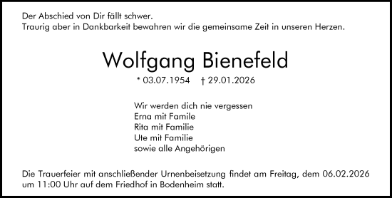 Traueranzeige von Wolfgang Bienefeld von Allgemeine Zeitung Mainz