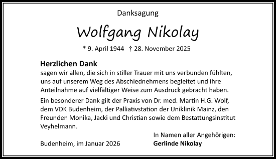 Traueranzeige von Wolfgang Nikolay von Allgemeine Zeitung Mainz