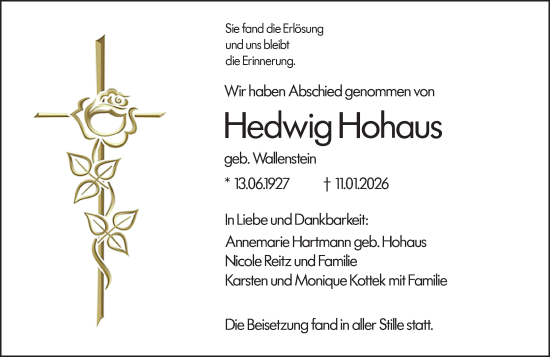 Traueranzeige von Hedwig Hohaus von Wetzlarer Neue Zeitung