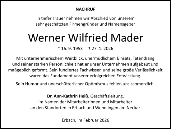 Traueranzeige von Werner Wilfried Mader 