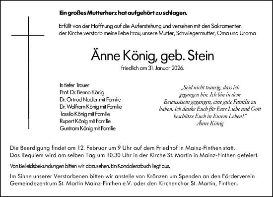 Traueranzeige von Änne König von Allgemeine Zeitung Mainz