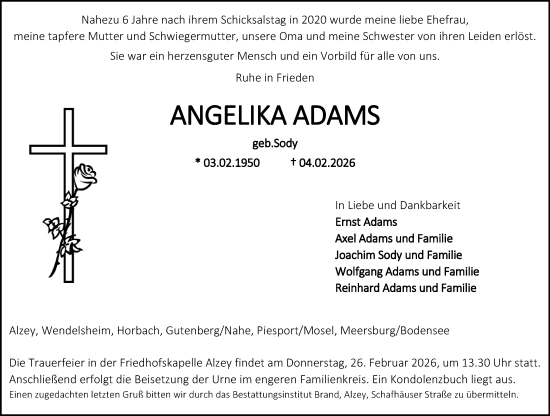 Traueranzeige von Angelika Adams von Allgemeine Zeitung Alzey
