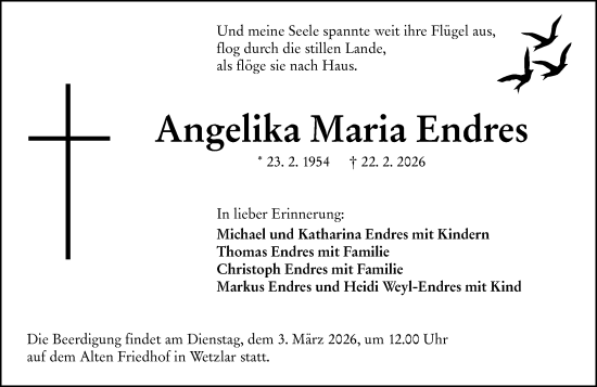 Traueranzeige von Angelika Maria Endres von Wetzlarer Neue Zeitung