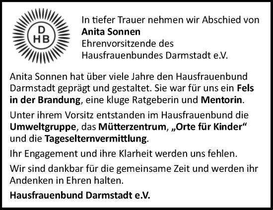 Traueranzeige von Anita Sonnen von Darmstädter Echo