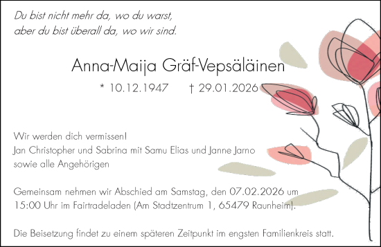 Traueranzeige von Anna-Maija Gräf-Vepsäläinen von Rüsselsheimer Echo