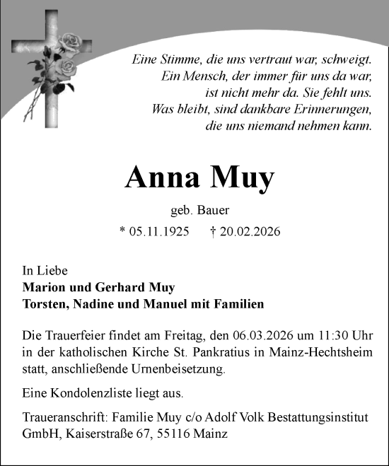 Traueranzeige von Anna Muy von Allgemeine Zeitung Mainz
