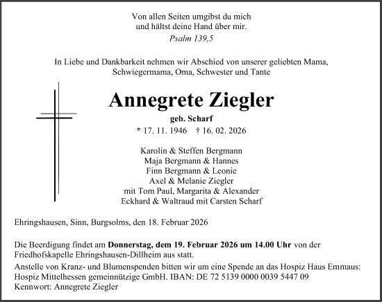 Traueranzeige von Annegrete Ziegler von Wetzlarer Neue Zeitung
