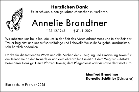 Traueranzeige von Annelie Brandtner von Wetzlarer Neue Zeitung