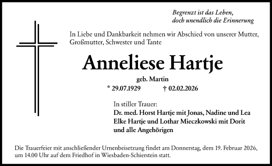 Traueranzeige von Anneliese Hartje von Wiesbadener Kurier