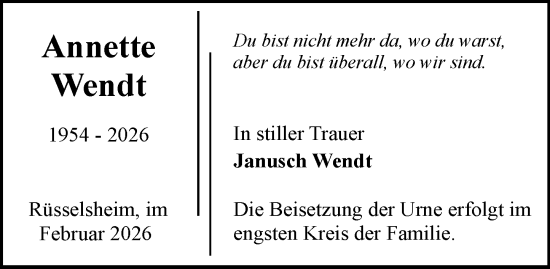 Traueranzeige von Annette Wendt von Rüsselsheimer Echo
