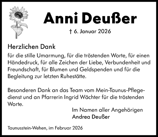 Traueranzeige von Anni Deußer von Idsteiner Land/Untertaunus