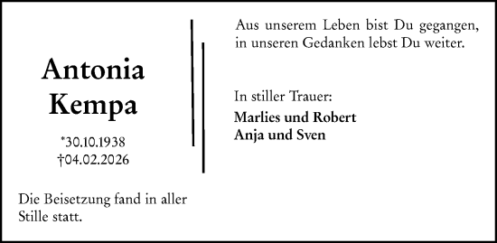 Traueranzeige von Antonia Kempa von Allgemeine Zeitung Mainz
