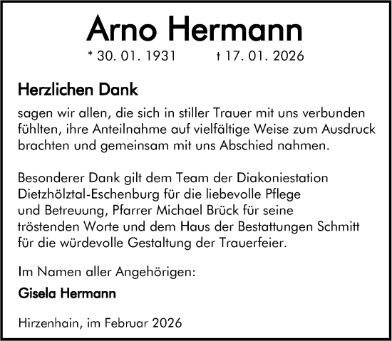 Traueranzeige von Arno Hermann von Dill Block