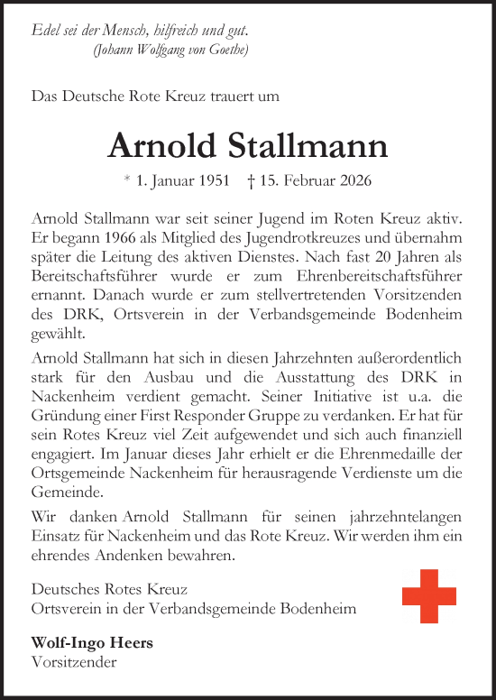 Traueranzeige von Arnold Stallmann von Allgemeine Zeitung Mainz