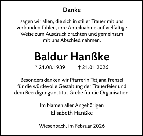 Traueranzeige von Baldur Hanßke von Hinterländer Anzeiger