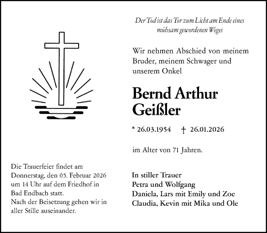 Traueranzeige von Bernd Arthur Geißler von Hinterländer Anzeiger