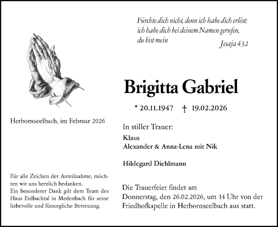 Traueranzeige von Brigitta Gabriel von Dill Block