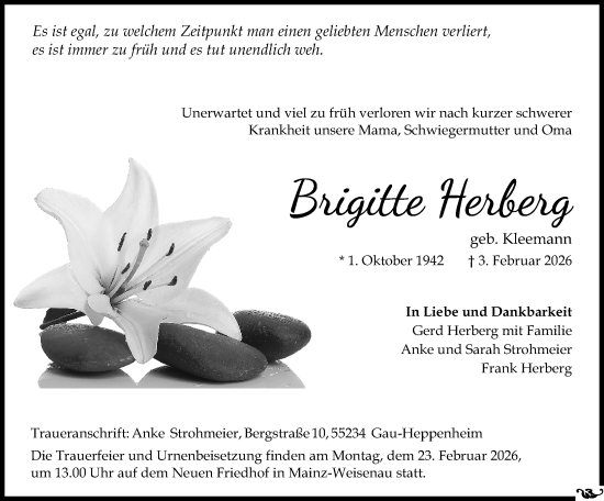 Traueranzeige von Brigitte Herberg von Allgemeine Zeitung Mainz