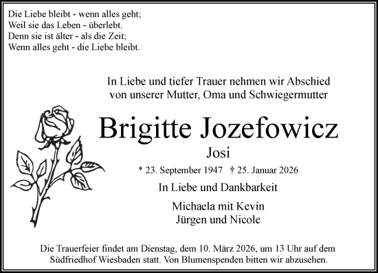 Traueranzeige von Brigitte Jozefowicz von Wiesbadener Kurier