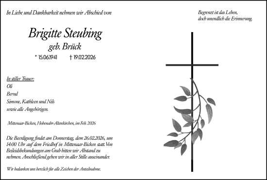 Traueranzeige von Brigitte Steubing von Dill Block