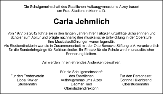 Traueranzeige von Carla Jehmlich von Allgemeine Zeitung Alzey