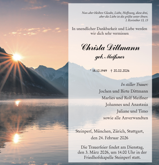 Traueranzeige von Christa Dittmann von Hinterländer Anzeiger