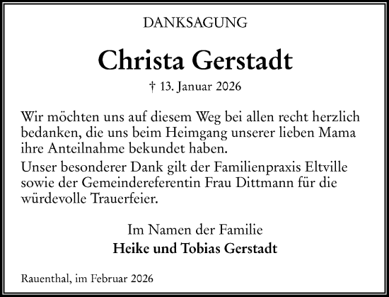 Traueranzeige von Christa Gerstadt von Rheingau Kurier